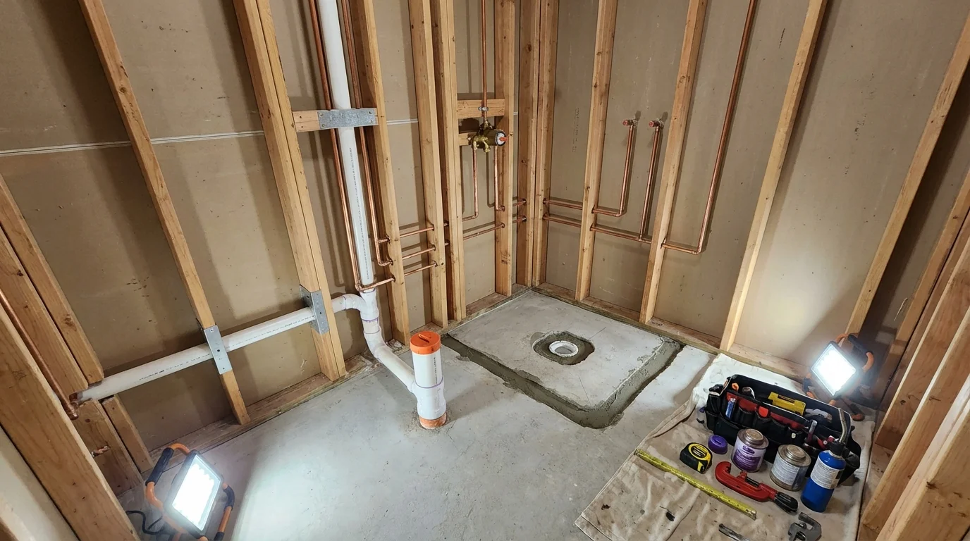 Bathroom rough-in plumbing during remodel by Johns Plumbing LLC in Holmen