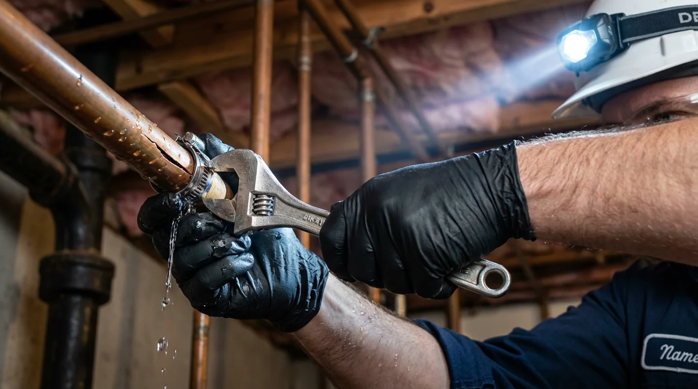 Emergency pipe clamp repair being performed by a Johns Plumbing LLC plumber in Holmen