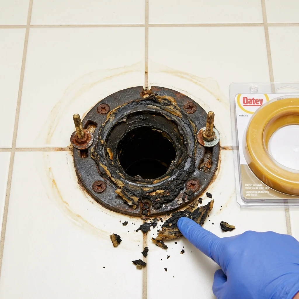 Failed wax ring showing water seepage at the base of a toilet in a Holmen, WI home
