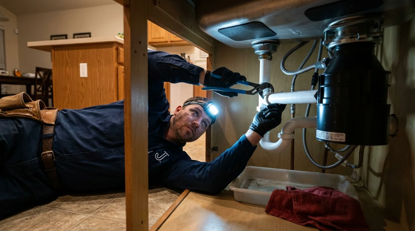 P-trap and supply line connections under a kitchen sink showing a common leak point in Holmen, WI